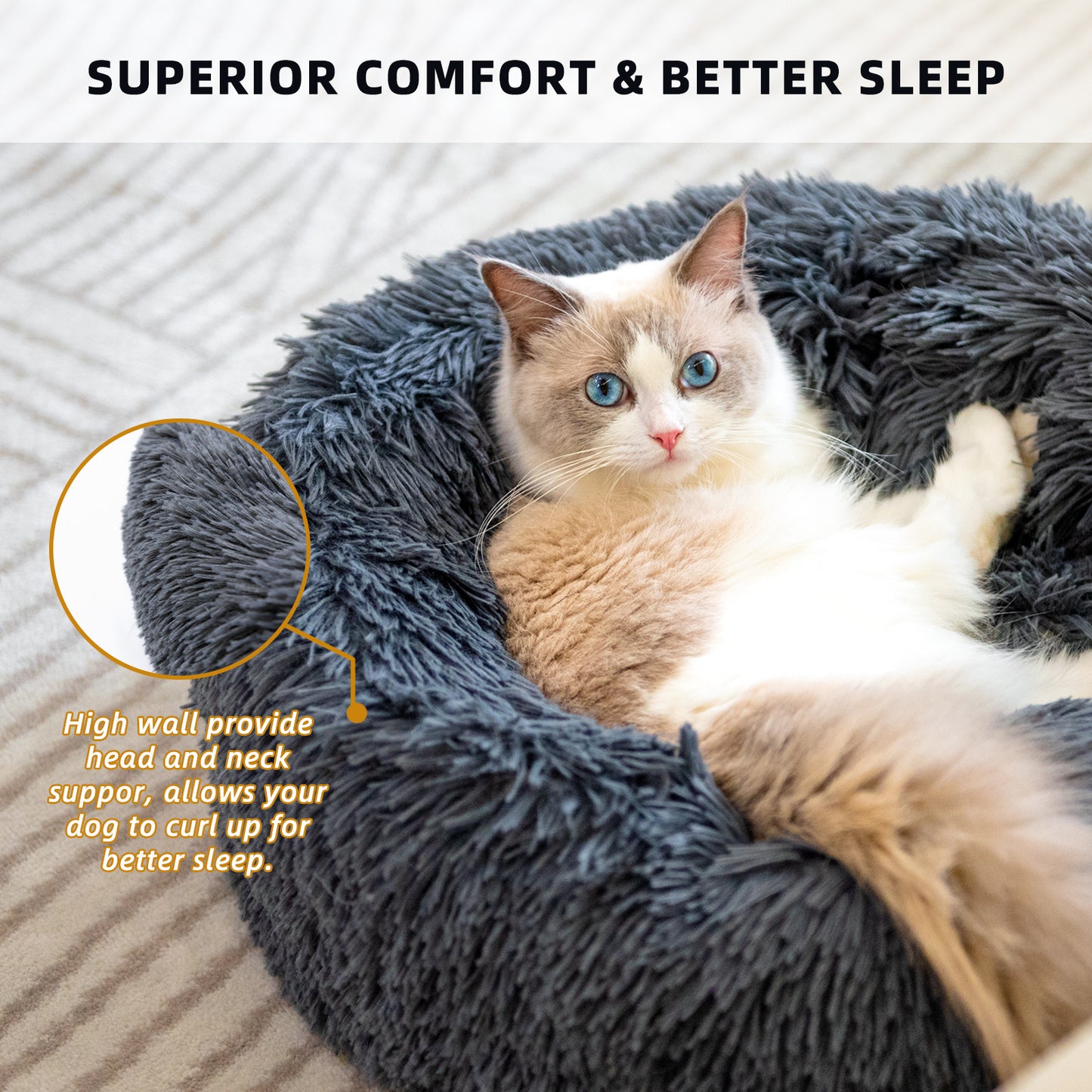 Fluffy Donut Dog & Cat Bed — Self-Warming Comfort, Non-Skid Bottom