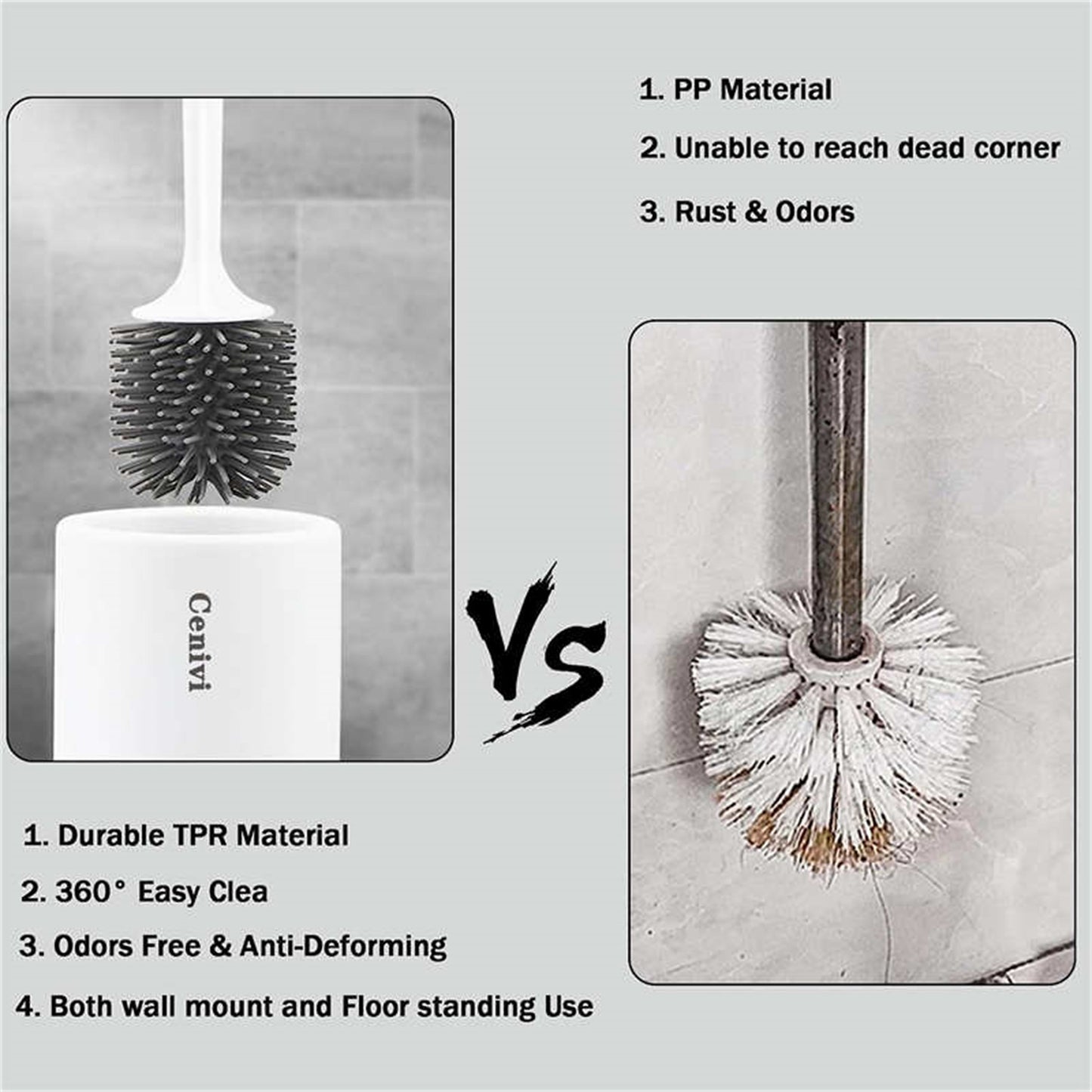 Slim Silicone Toilet Brush Set — Quick-Dry Holder, Anti-Drip, Wall or Floor Mount