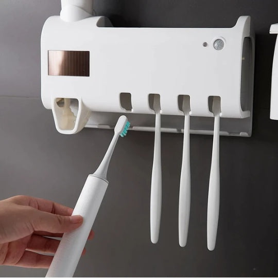 UV Toothbrush Sanitizer & Holder — Automatic Toothpaste Dispenser, Wall-Mount, Family Organizer
