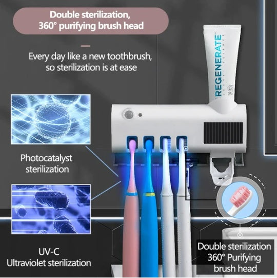 UV Toothbrush Sanitizer & Holder — Automatic Toothpaste Dispenser, Wall-Mount, Family Organizer