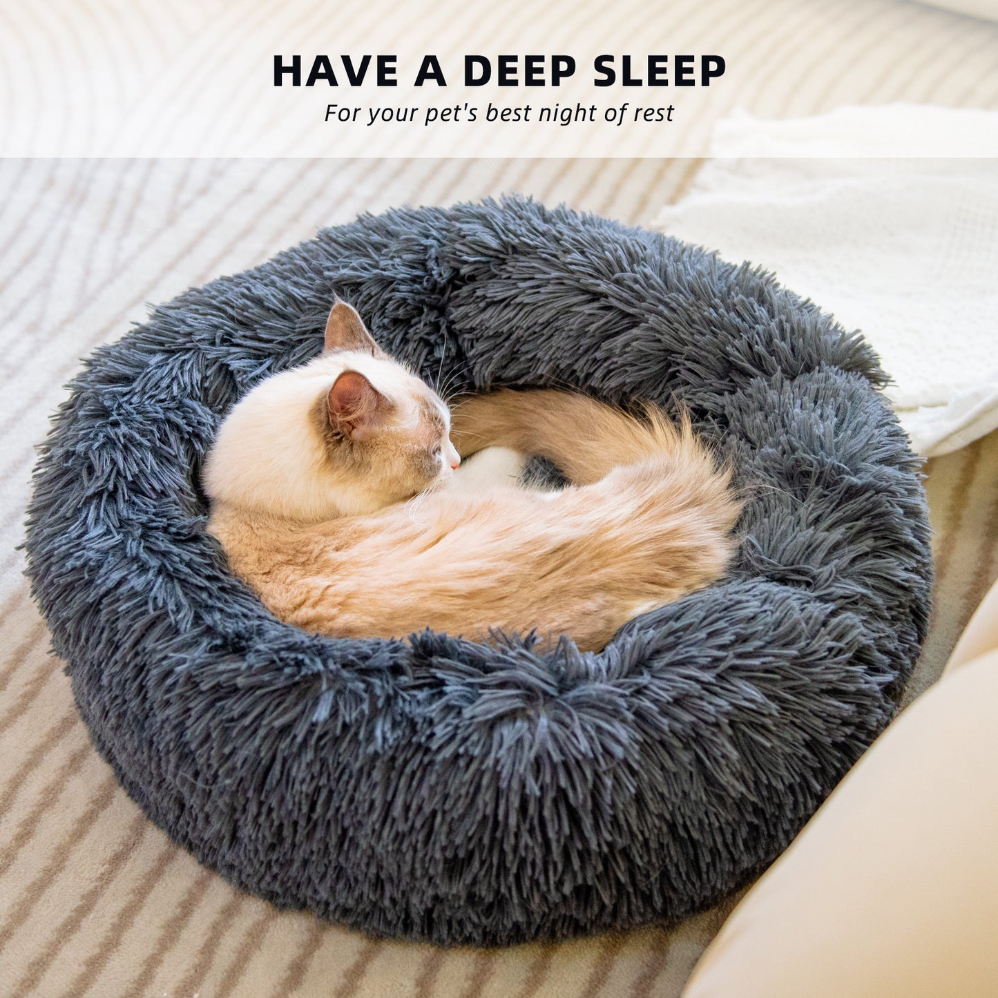 Fluffy Donut Dog & Cat Bed — Self-Warming Comfort, Non-Skid Bottom