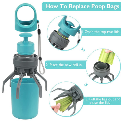 Portable Poop Scooper — Built-In Bag Dispenser, One-Hand Clean-Up, Eight-Claw Grabber