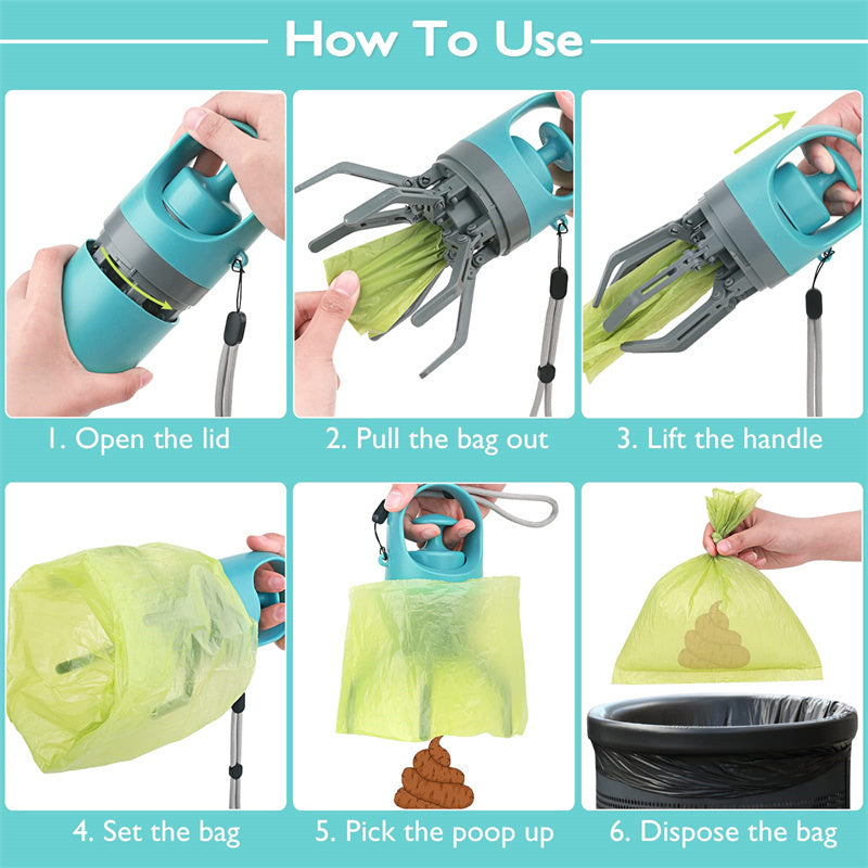 Portable Poop Scooper — Built-In Bag Dispenser, One-Hand Clean-Up, Eight-Claw Grabber