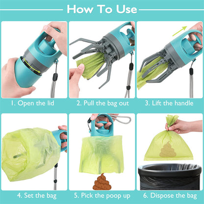 Portable Poop Scooper — Built-In Bag Dispenser, One-Hand Clean-Up, Eight-Claw Grabber